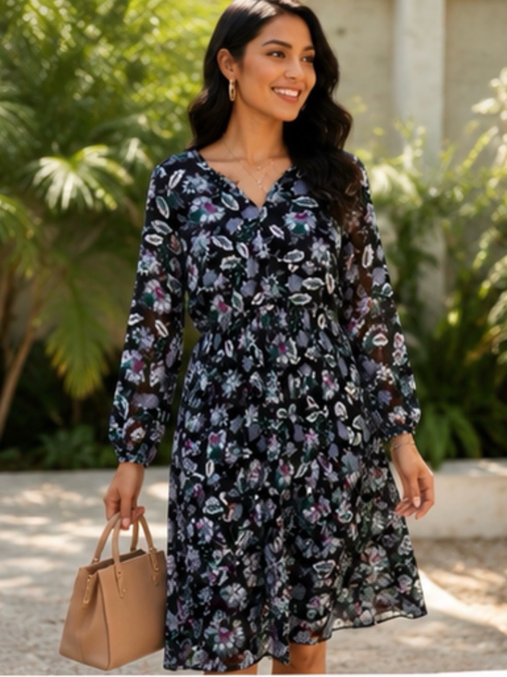 LOFT Black Floral V-Neck Long Sleeve Dress